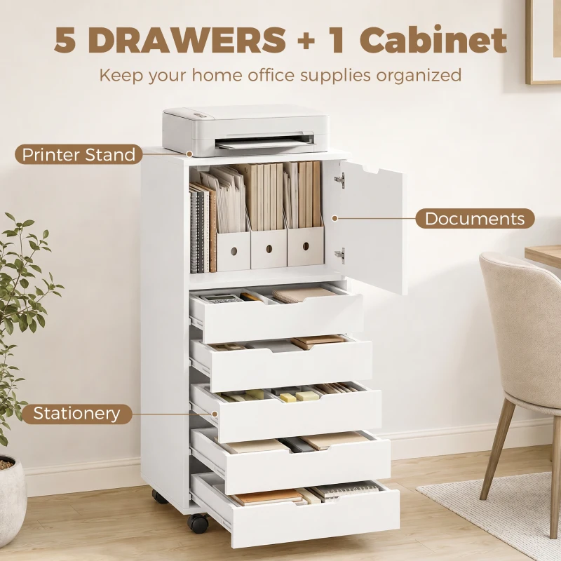 HOMCOM File Cabinet on Wheels Mobile Printer Stand with 5 Drawers for Home Office White