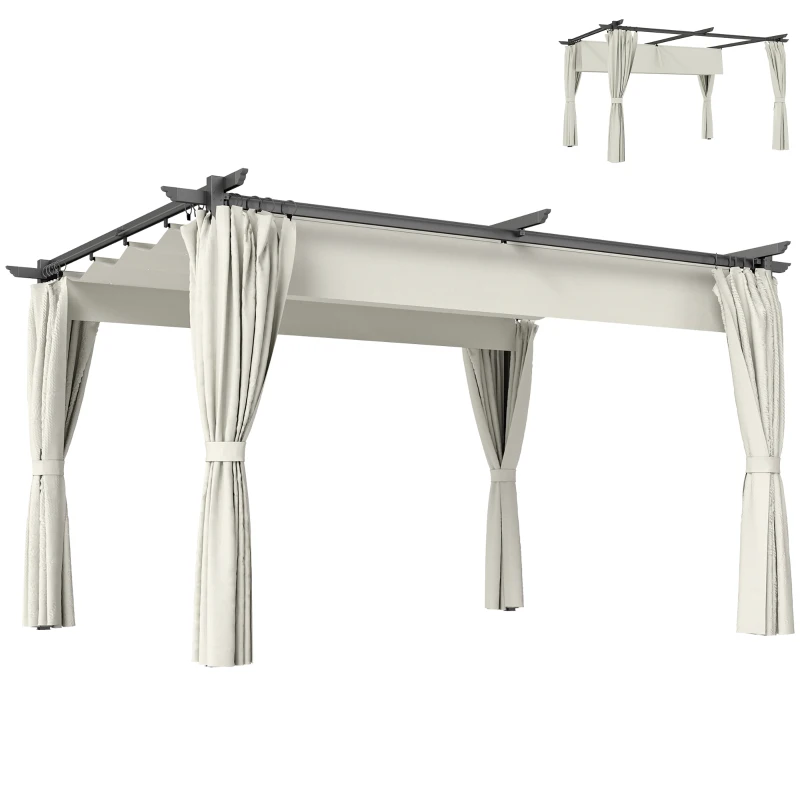 Outsunny 10' x 13' Pergola with Retractable Canopy and Curtains, UPF30+ Sun Shade Shelter for Grill, Garden, Backyard, Deck