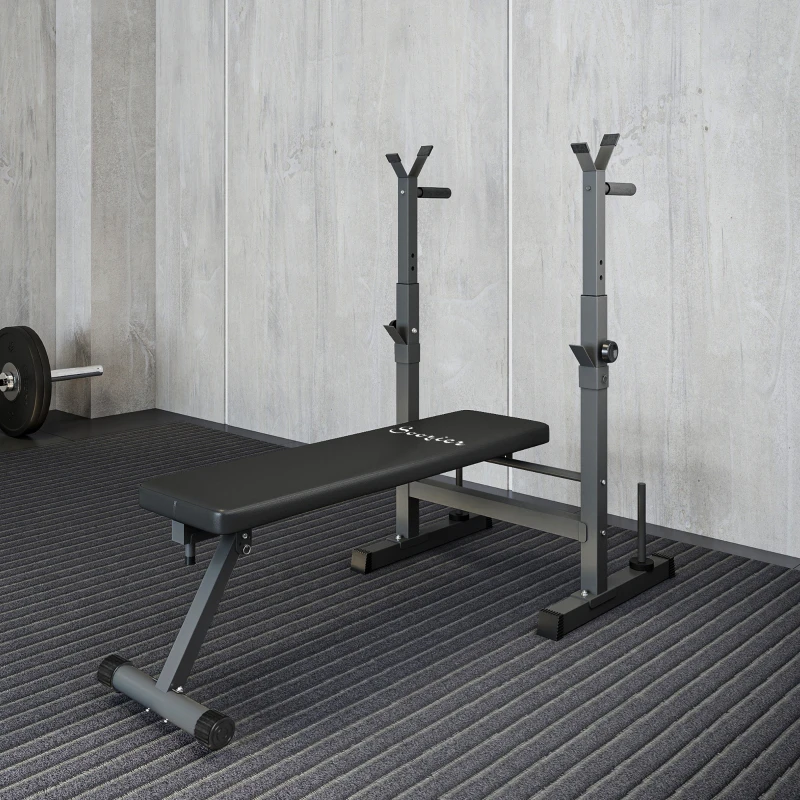 Soozier Adjustable Weight Bench, Foldable Bench Press with Barbell Rack and Dip Station for Home Gym, Strength Training Multiuse Workout Bench, Black and Grey