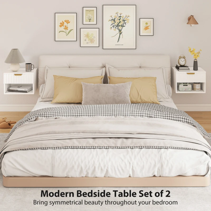 HOMCOM Floating Nightstands, Wall Mounted Bedside Tables Set of 2 with Drawer and Open Shelf, White