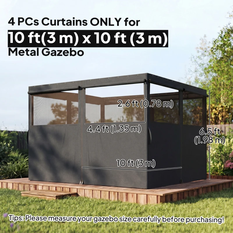 Outsunny Gazebo Curtains, 10' x 10' Universal Replacement Privacy Curtain, 4-Panels Sidewall with Roll up Mesh Windows, Dark Grey