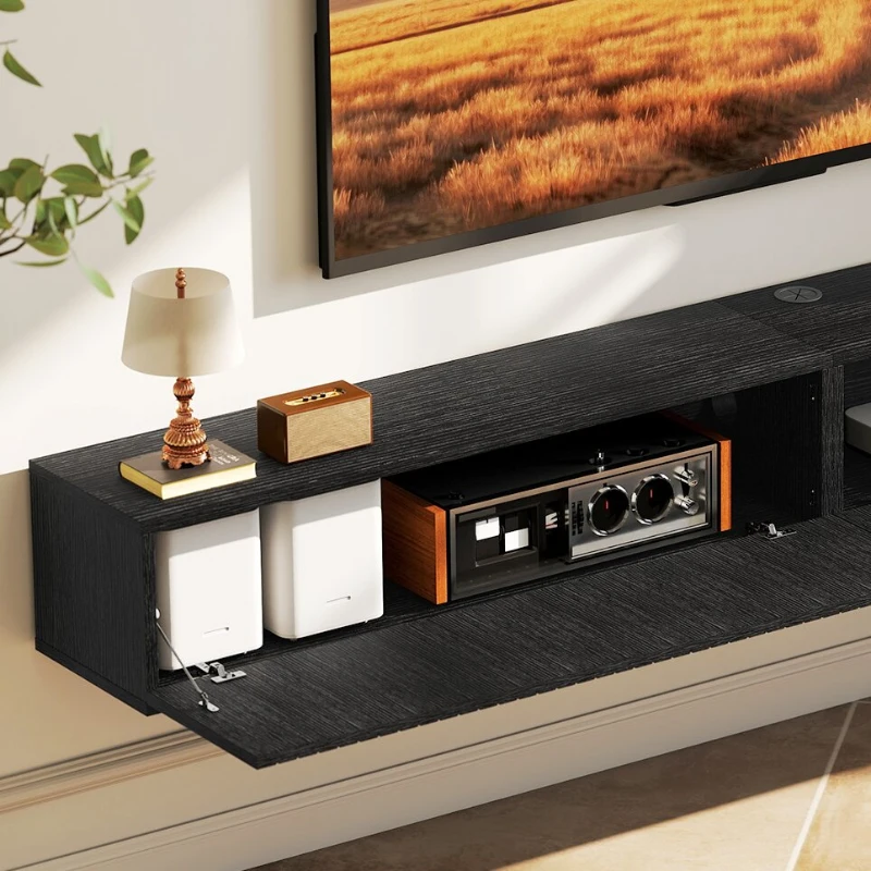 HOMCOM 71" Floating TV Stand for TVs up to 72 Inch, Wall Mount Media Console with 2 Fluted Flip-Down Doors, Cable Hole, Black
