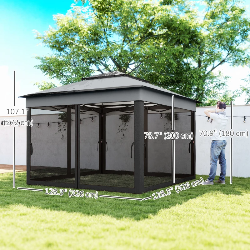 Outsunny 10.7 x 10.7ft Pop Up Gazebo, Adjustable Instant Sun Shelter with UV30+ Roof Cover, Removable Mesh Curtains, Dark Grey