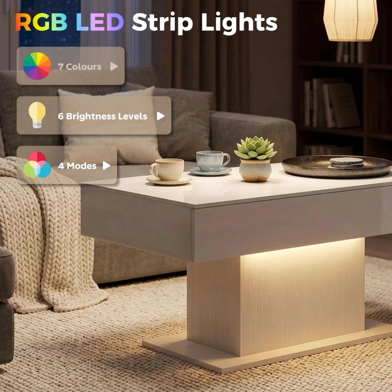 HOMCOM LED Coffee Table with Storage, High Gloss Modern Center Table with 2 Drawers and Remote Control for Living Room, White