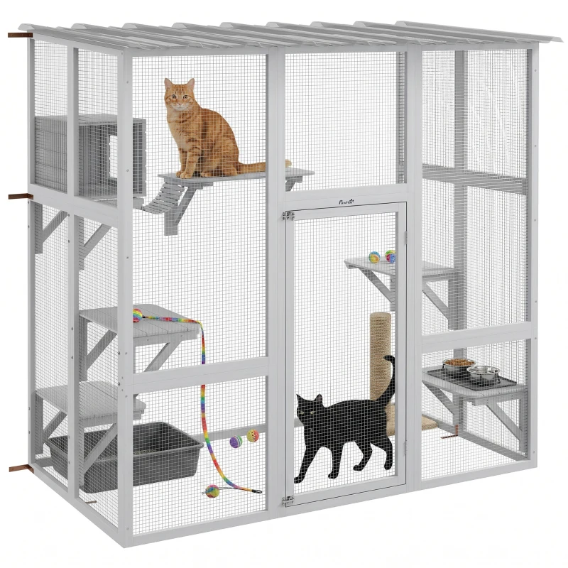 PawHut Large Outdoor Catio with Weatherproof Roof, Bridge, Resting Box, Platforms, White