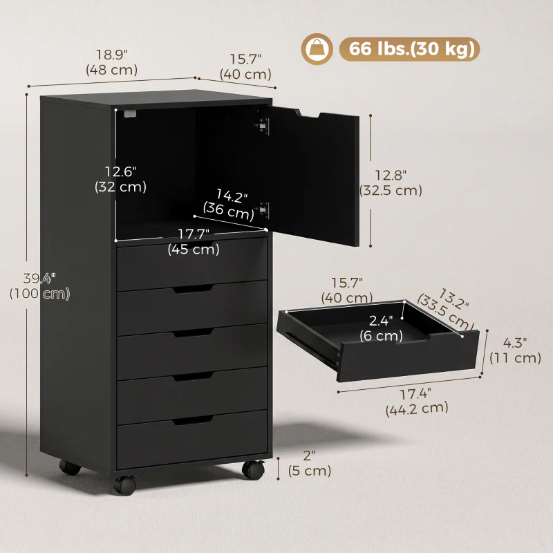 HOMCOM File Cabinet on Wheels Mobile Printer Stand with 5 Drawers for Home Office Black