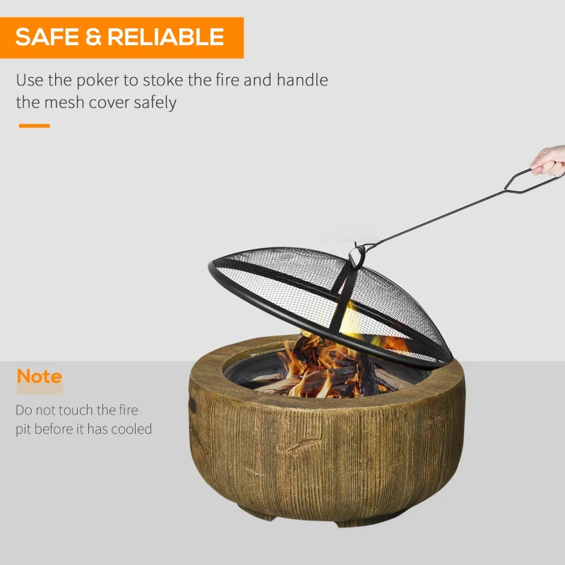 Outsunny Outdoor Fire Pit, 24 Inch Metal Wood Burning Fireplace with Spark Cover, Poker, Woodgrain Design, Light Brown