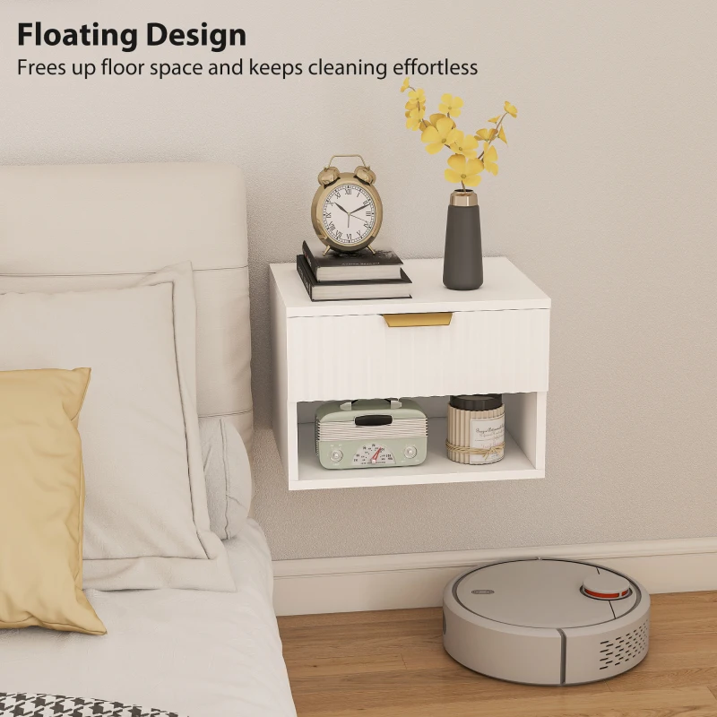 HOMCOM Floating Nightstands, Wall Mounted Bedside Tables Set of 2 with Drawer and Open Shelf, White