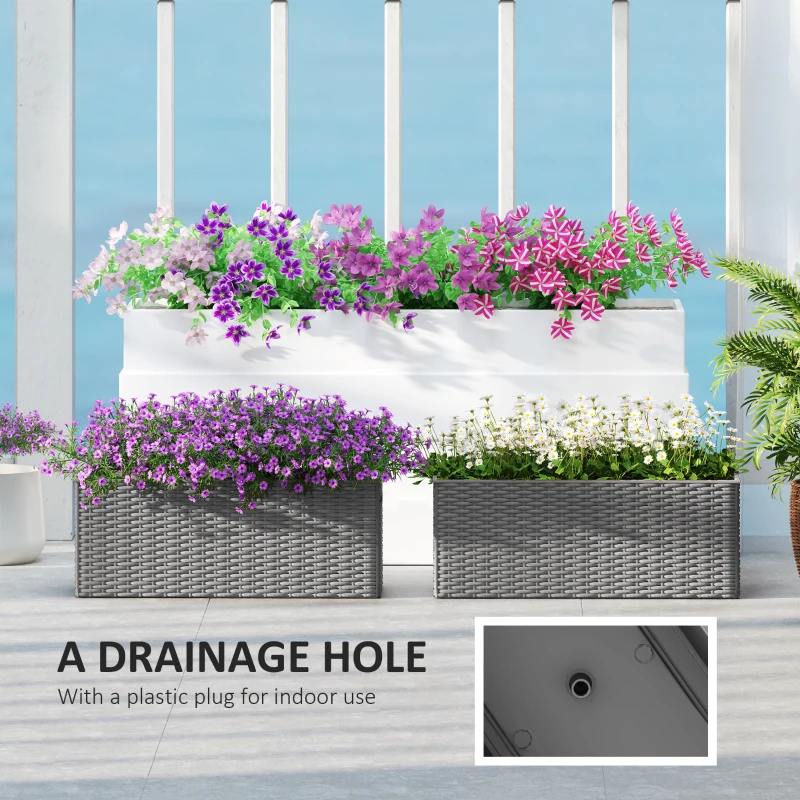 Outsunny 2 Pack 20 Inch Hanging Flower Pots, Railing Planter Box for Fence, Garden, Rattan Look, Grey