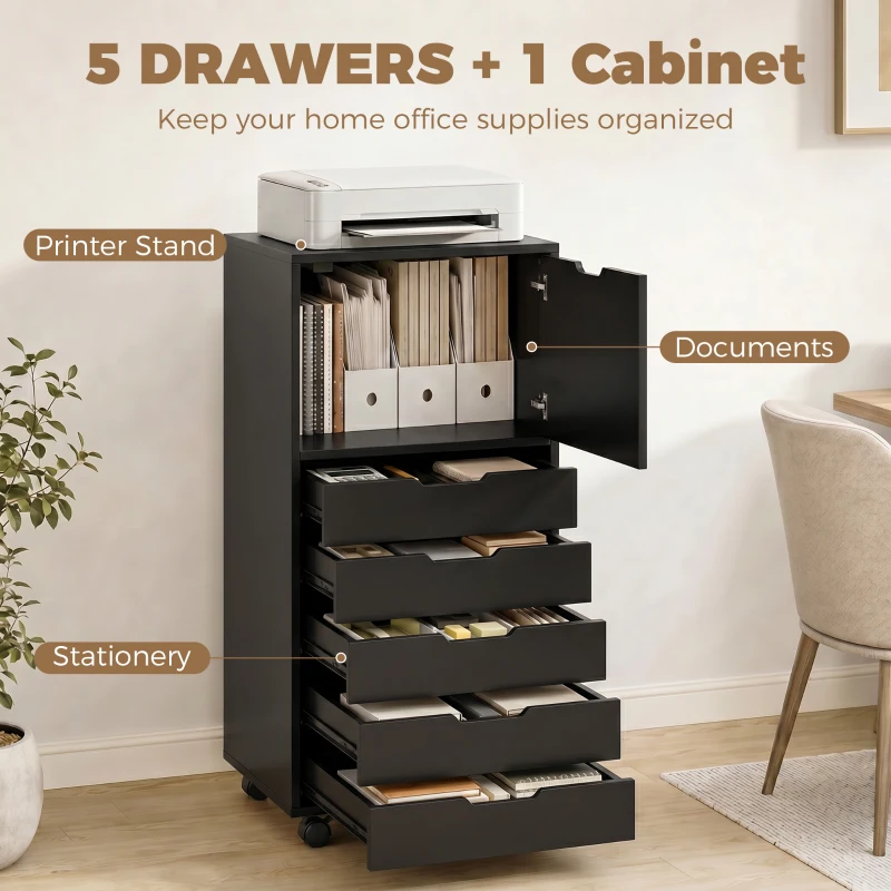 HOMCOM File Cabinet on Wheels Mobile Printer Stand with 5 Drawers for Home Office Black