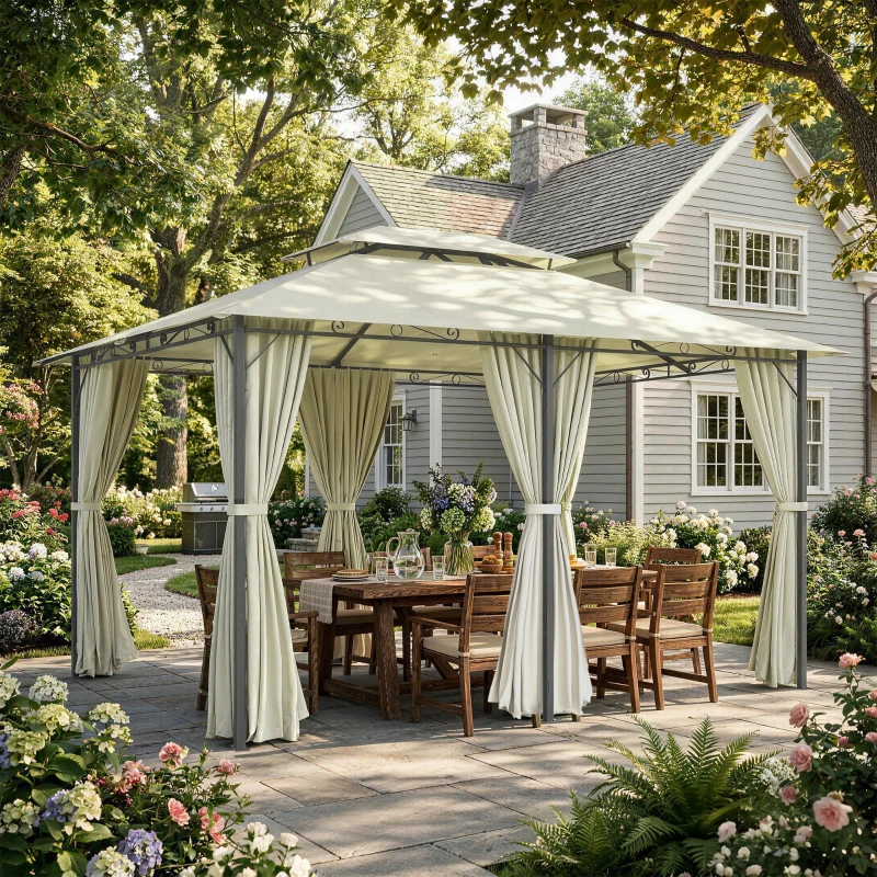 Outsunny 13' x 10' Soft-top Gazebo Patio Steel Canopy Portable Party Event with Double Canopy Roof, Curtains, Cream White