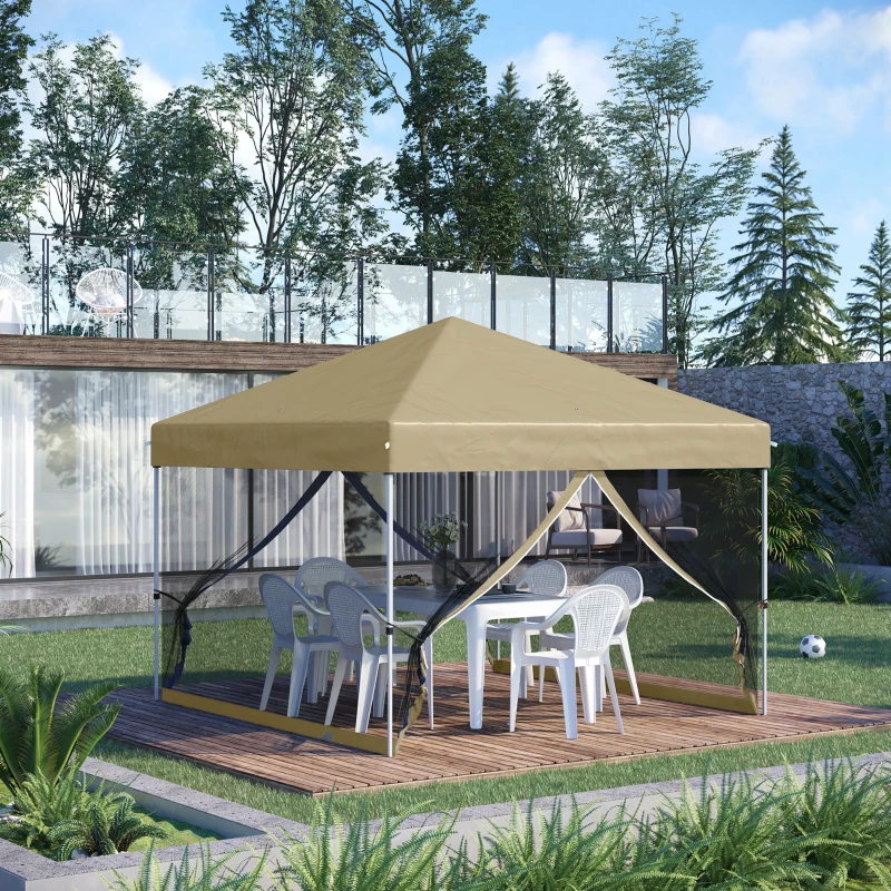 Outsunny 10' x 10' Pop-Up Party Tent UPF50+ Outdoor Canopy Tent with Mesh Sidewalls, 3-Level Adjustable Height, Roller Bag, Khaki
