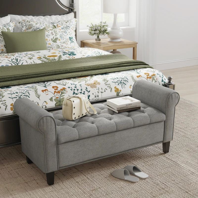 HOMCOM 50 Inches Storage Ottoman, Upholstered Bedroom Bench with Rolled Arms and Button Tufted Storage, Light Grey