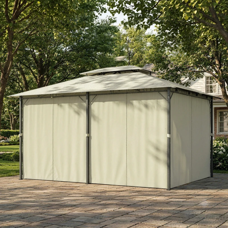 Outsunny 13' x 10' Soft-top Gazebo Patio Steel Canopy Portable Party Event with Double Canopy Roof, Curtains, Cream White
