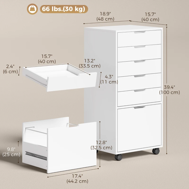 HOMCOM File Cabinet on Wheels Mobile Printer Stand with 6 Drawers for Home Office White