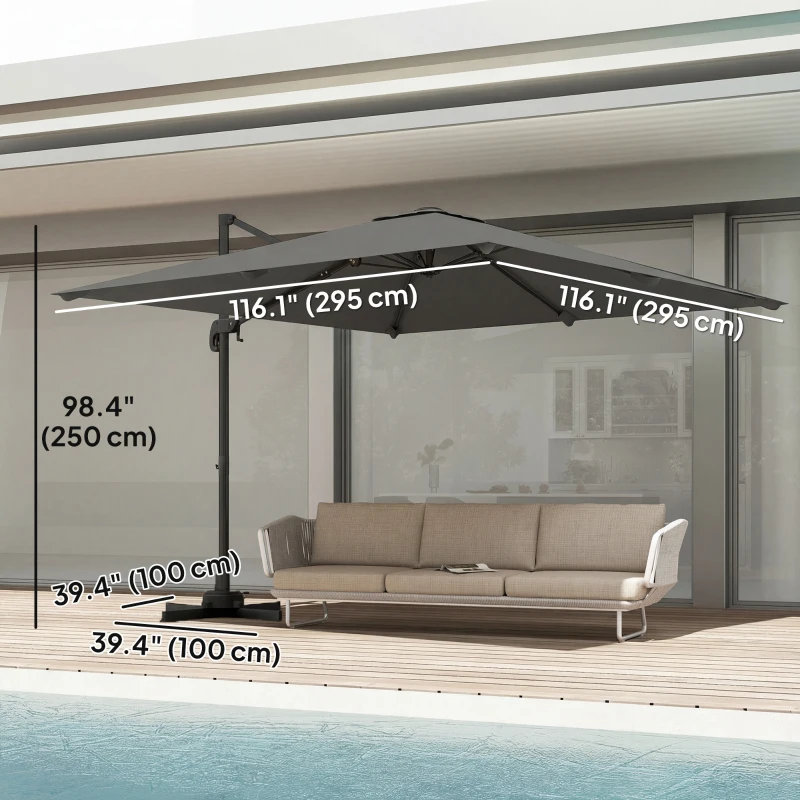 Outsunny 10 FT Cantilever Patio Umbrella, Square Patio Umbrella with Crank Handle, Cross Base and Tilt, 360° Rotation