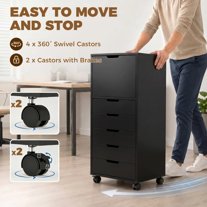 HOMCOM File Cabinet on Wheels Mobile Printer Stand with 5 Drawers for Home Office Black