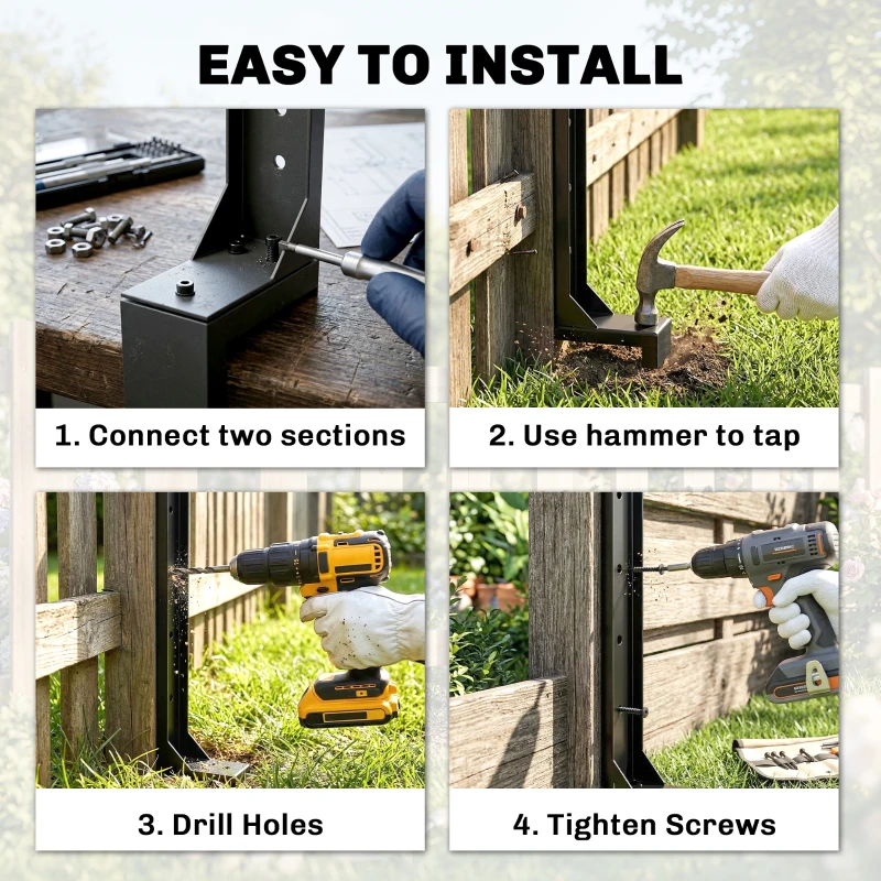 Outsunny 4 Pack Fence Post Repair Kit, 32" Steel Fence Post Support with Drill for Wooden Fences, Broken Gate, Posts