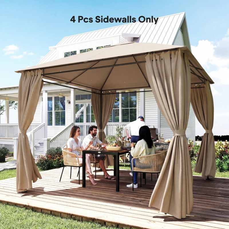Outsunny Gazebo Curtains, 10' x 10' Universal Replacement Privacy Curtain, 4-Panels Sidewall with Roll up Mesh Windows, Khaki