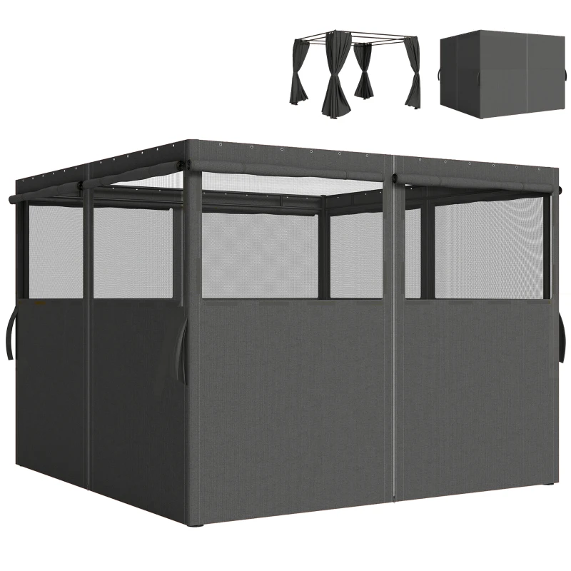 Outsunny Gazebo Curtains, 10' x 10' Universal Replacement Privacy Curtain, 4-Panels Sidewall with Roll up Mesh Windows, Dark Grey