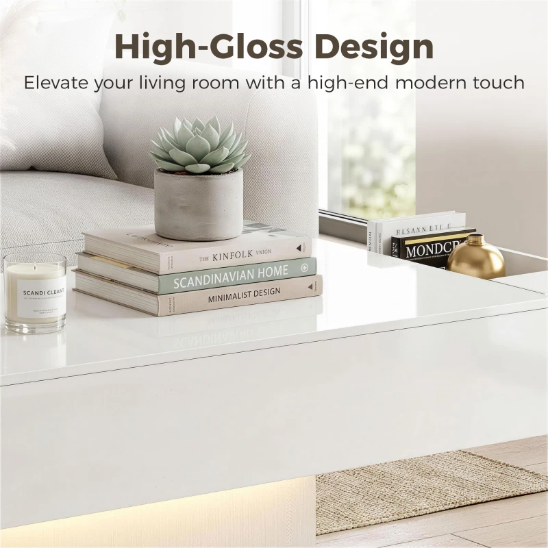 HOMCOM LED Coffee Table with Storage, High Gloss Modern Center Table with 2 Drawers and Remote Control for Living Room, White