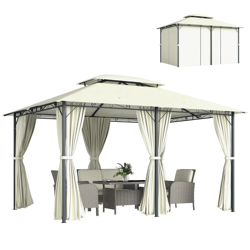 Outsunny 13' x 10' Soft-top Gazebo Patio Steel Canopy Portable Party Event with Double Canopy Roof, Curtains, Cream White