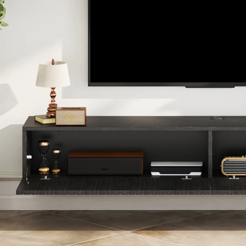 HOMCOM 55" Floating TV Stand for TVs up to 72 Inch, Wall Mount Media Console with 2 Fluted Flip-Down Doors, Cable Hole, Black