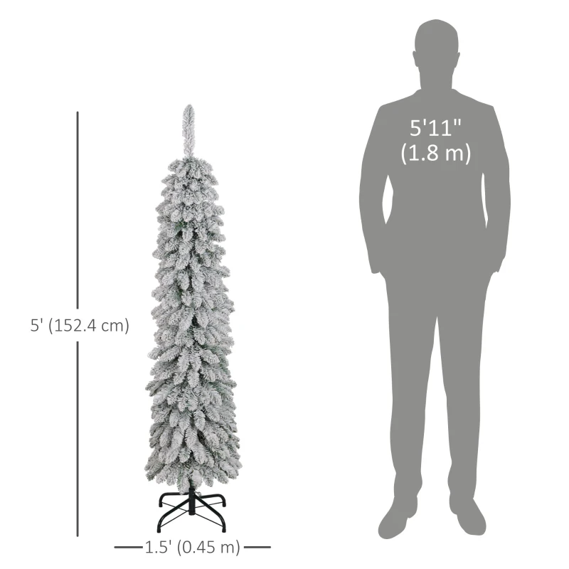 HOMCOM 5ft Snow-Flocked Artificial Christmas Tree, Slim Pencil Xmas Tree with 301 Realistic Branches, Metal Base, Green