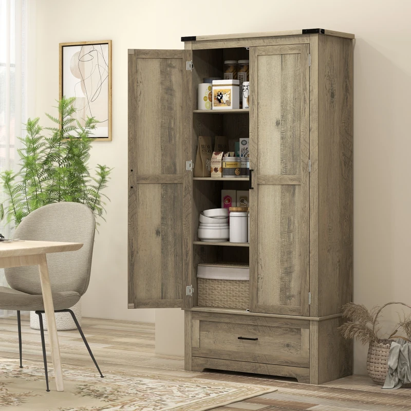HOMCOM 69" Tall Farmhouse Kitchen Pantry Cabinet with 2 Doors, Drawer and Adjustable Shelves, Grey