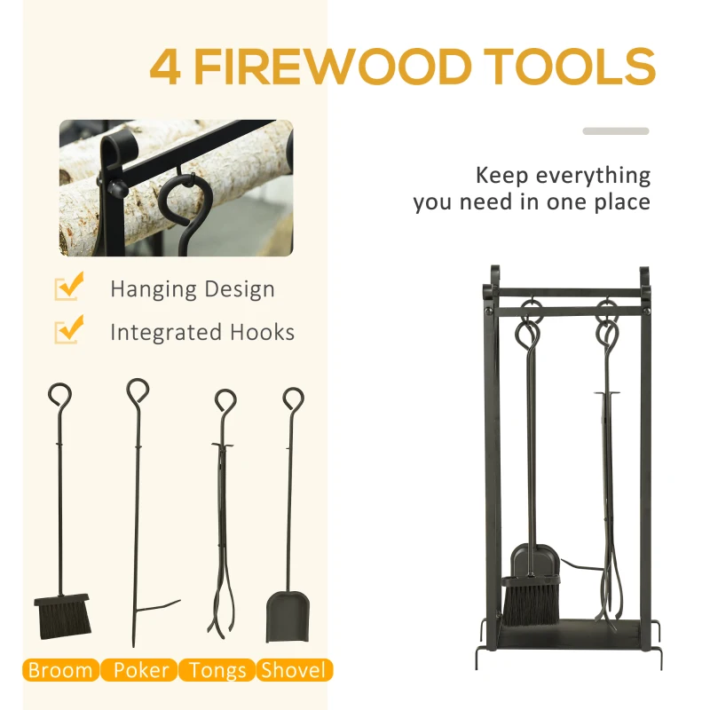 Outsunny Firewood Rack with Fireplace Tools, Outdoor Firewood Holder, 30.25" Tall Build with 2-Tiers, Black