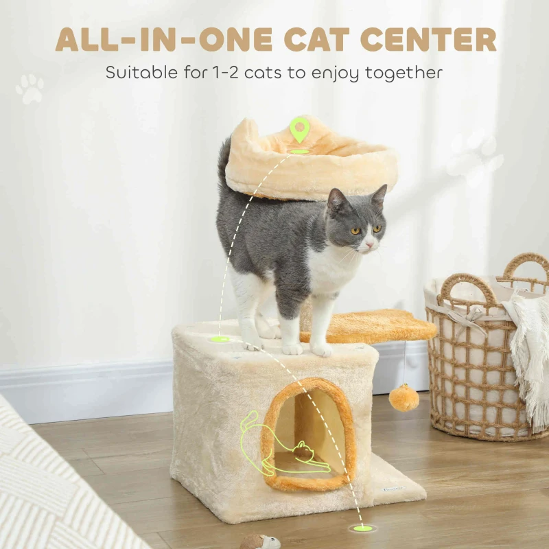 PawHut 28" Cat Tree Tower with Plush Top Bed, Cozy Condo, Sisal Scratching Post, Perch, Dangling Ball, Beige and Yellow