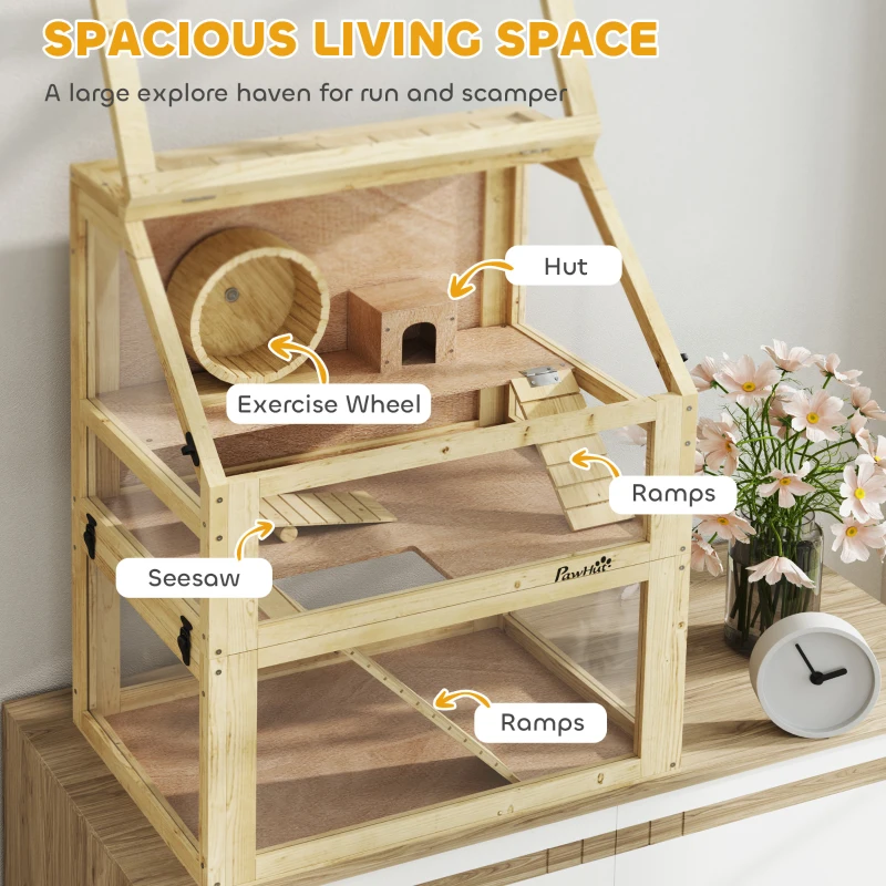 PawHut Wooden Hamster Cage, 3 Tier Gerbil Cage with Deep Bottom, Hut, Seesaw, Exercise Wheel, Ramps, 24" x 16" x 29.5"