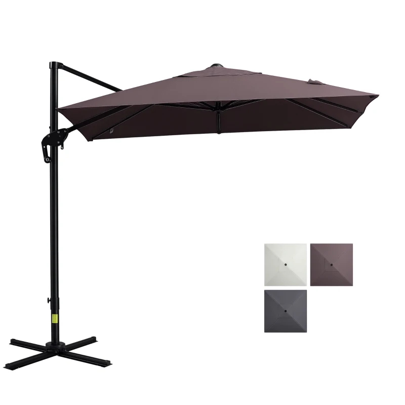 Outsunny 8'x8' Square Patio Hanging Offset Umbrella, Outdoor Cantilever Parasol w/ Cross Base, Light Brown