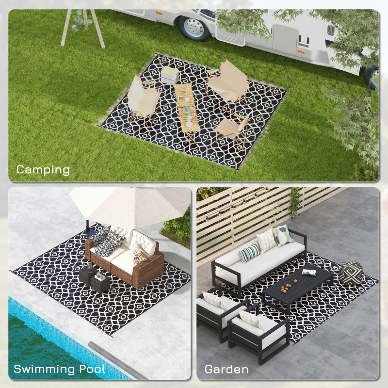 Outsunny Reversible Outdoor Rug Carpet RV Camping Rugs with Carry Bag, 8' x 10', Black & White Clover