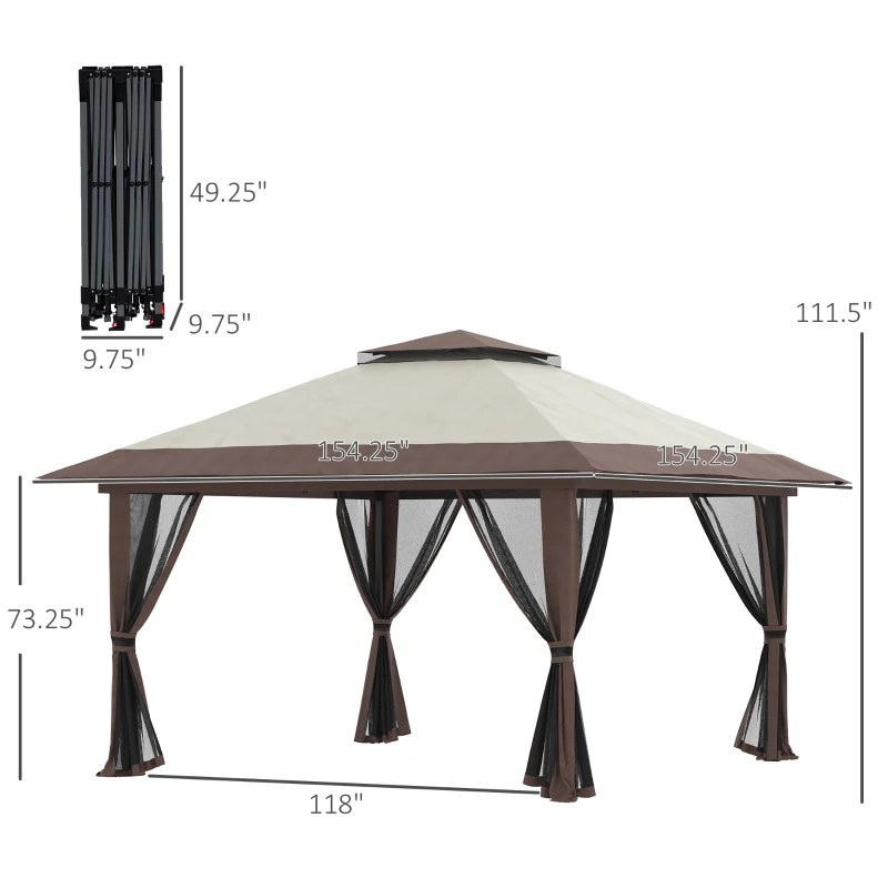 Outsunny 13' x 13' Pop Up Gazebo Instant Canopy Tent Shelter with 2-Tier Roof, Carry Bag, Wight Bags for Outdoor, Garden, Beige