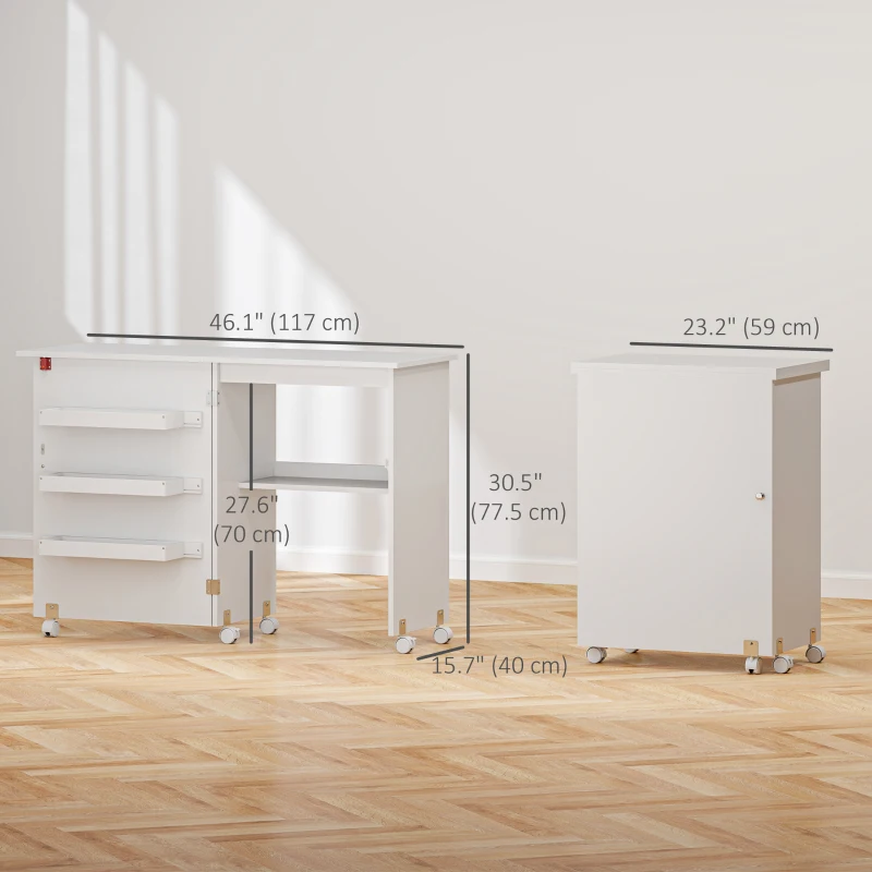 HOMCOM Sewing Machine Cabinet, Folding Sewing Table with Storage Shelf, Bins and Lockable Wheels for Small Space, White