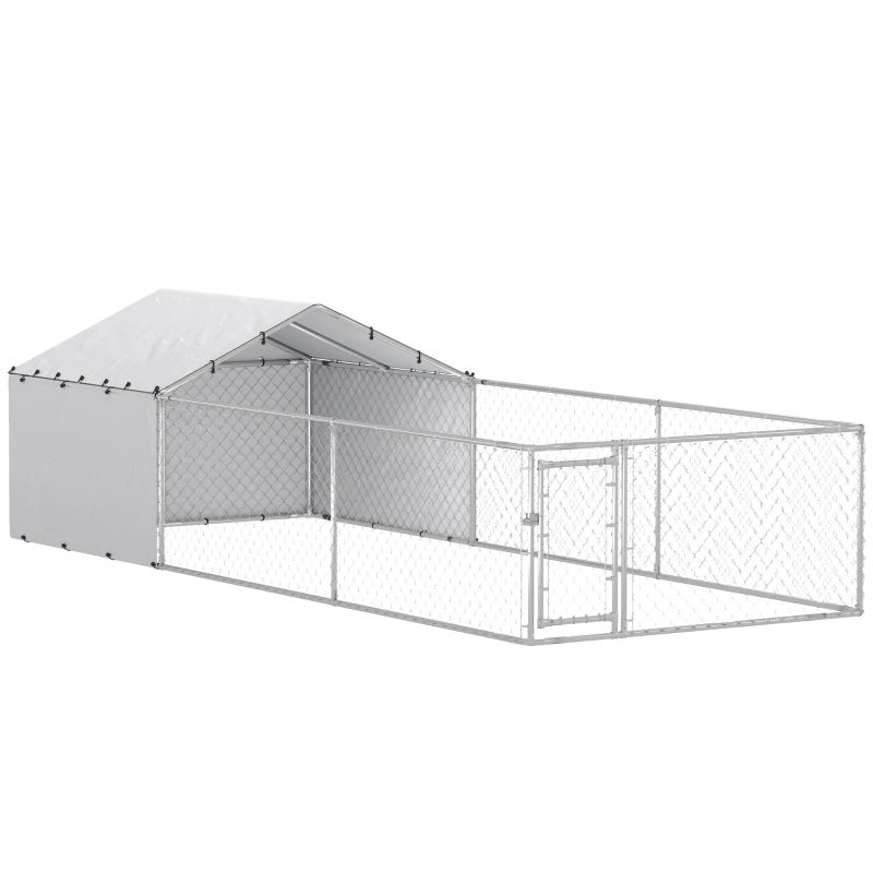 PawHut Galvanized Steel Dog Kennel Outdoor with Waterproof & UV-Resistant Cover for Large Dogs, 19.7' x 7.5' x 4.9'