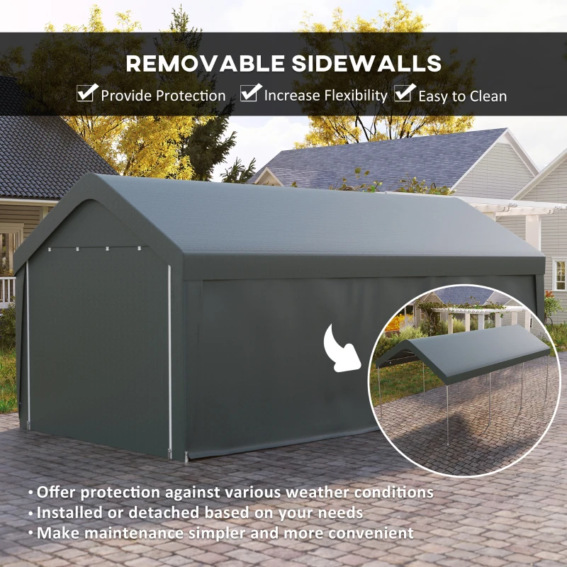 Outsunny Carport, 10 x 20 ft Portable Garage with 2 Roll-Up Doors and Removable Sidewalls for Car, Truck, Boat, Dark Grey