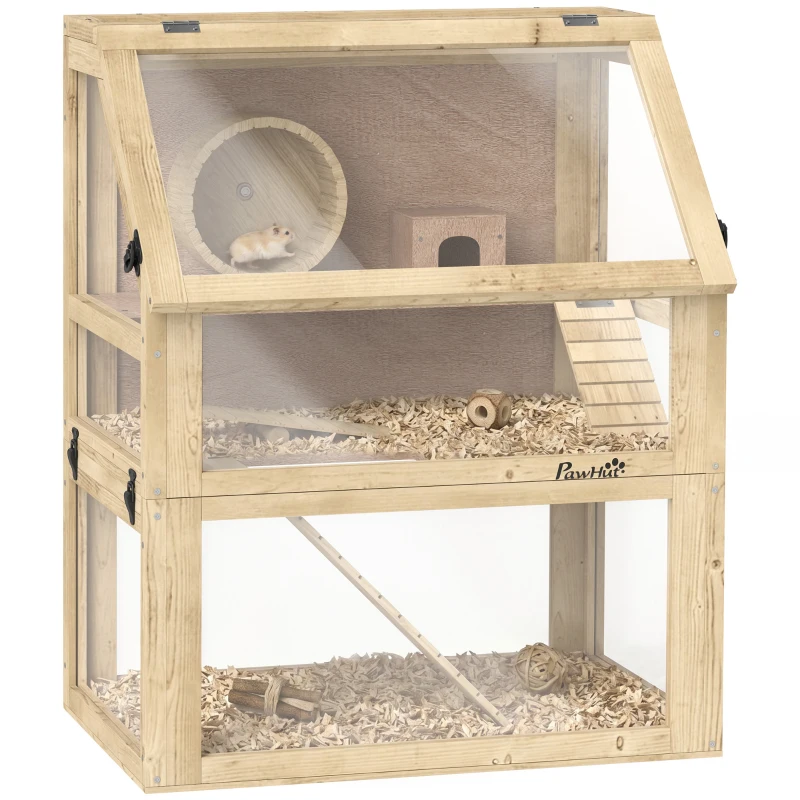 PawHut Wooden Hamster Cage, 3 Tier Gerbil Cage with Deep Bottom, Hut, Seesaw, Exercise Wheel, Ramps, 24" x 16" x 29.5"