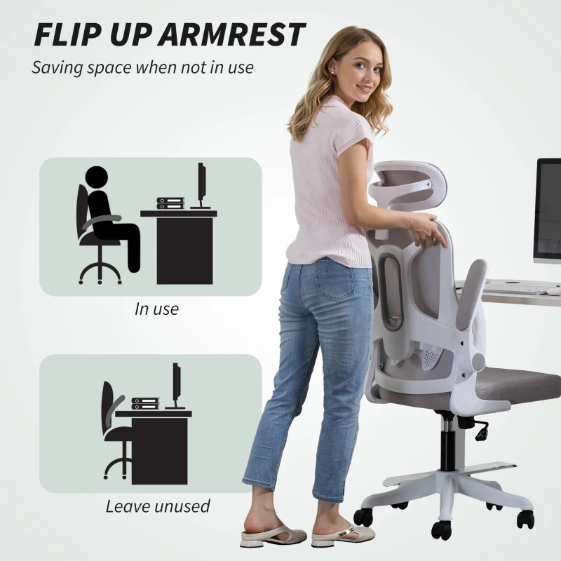 HOMCOM Ergonomic Office Chair, Swivel Desk Chair with Adjustable Lumbar Support, Headrest and Height, Flip-up Armrests, Grey