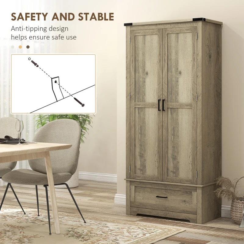 HOMCOM 69" Tall Farmhouse Kitchen Pantry Cabinet with 2 Doors, Drawer and Adjustable Shelves, Grey