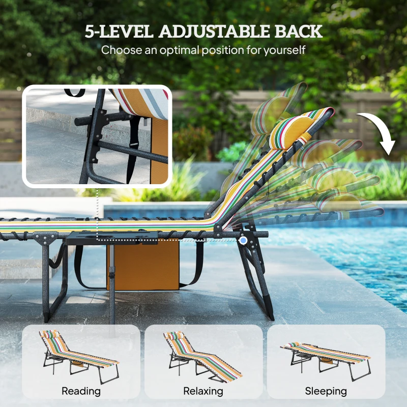 Outsunny Folding Outdoor Chaise Lounge Chair Tanning Chair with 5-Level Adjustable Back, Side Table, Pillow, Pocket, Mixed Color
