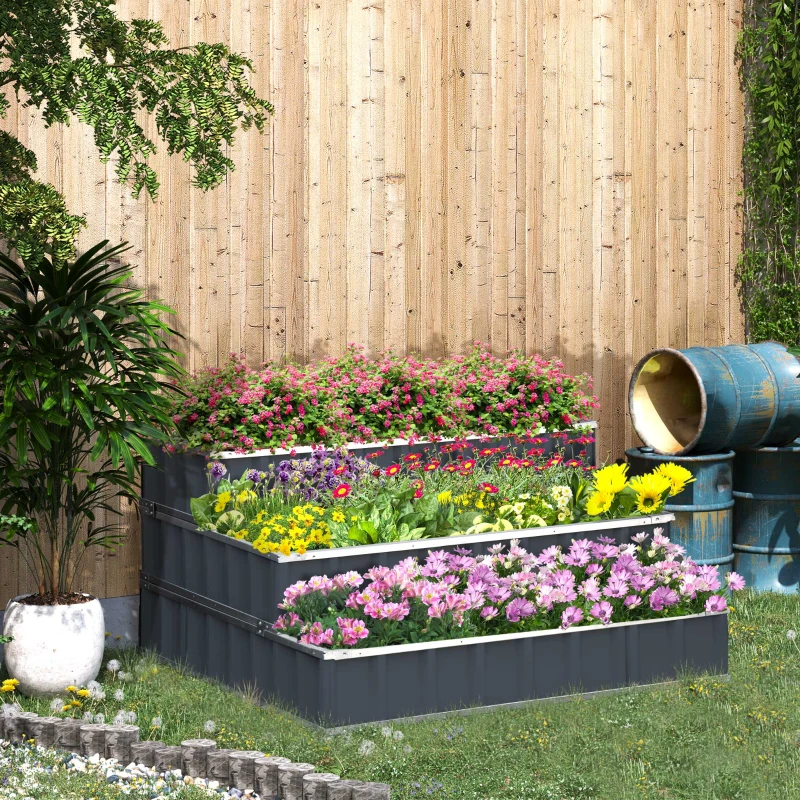 Outsunny 3 Tier Raised Garden Bed Outdoor Metal Patio Planter Box with Gloves,  4' x 4' x 2' for Backyard, Patio to Grow Vegetables, Herbs, and Flowers, Gray