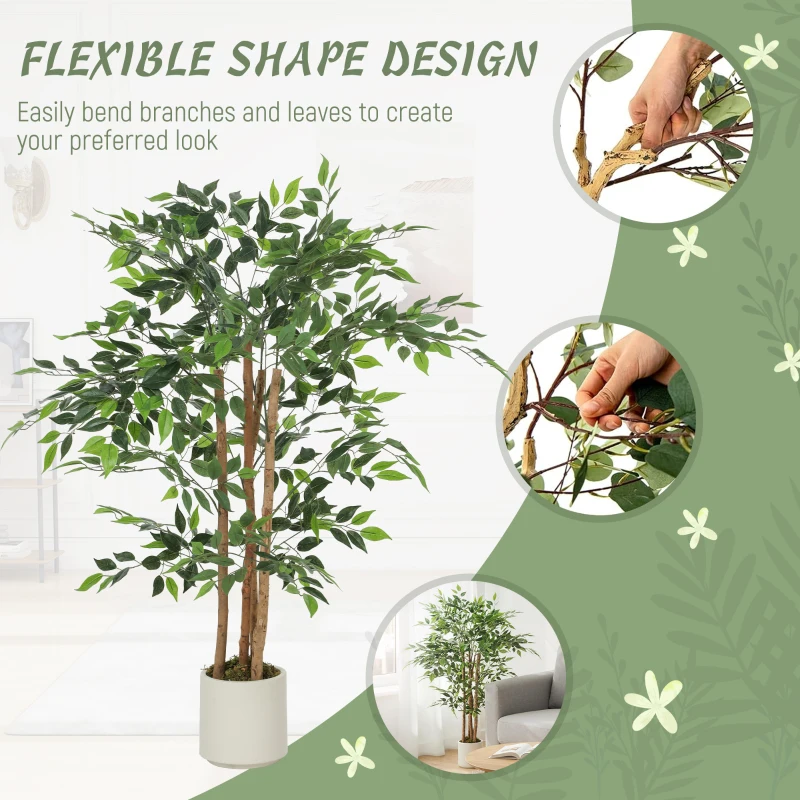 HOMCOM 4FT Artificial Banyan Tree Set of 2, Fake Potted Tree with Solid Wood Trunk and Pot for Indoor