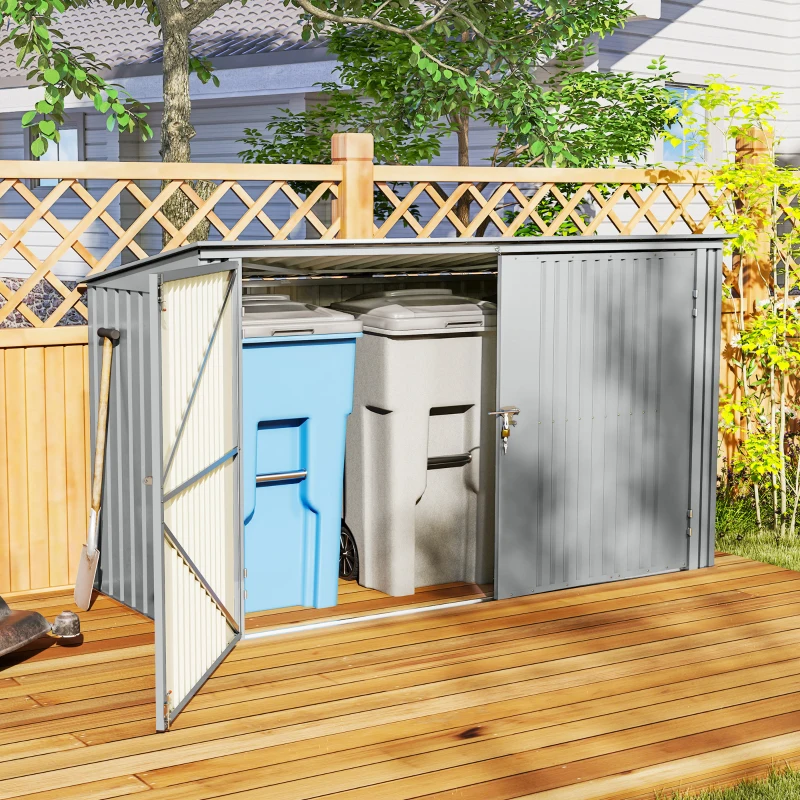 Outsunny 7.6 x 3.4ft Outdoor Storage Shed, 3 Garbage Bin Shed Organizer with Lockable Double Doors, Openable Lid, Silver Grey