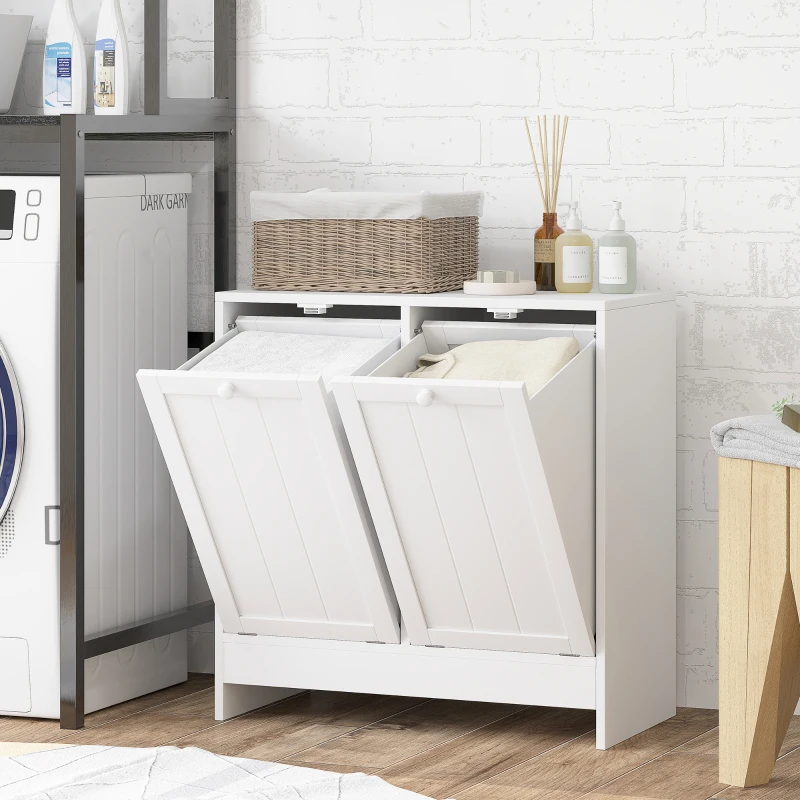 kleankin Tilt-Out Laundry Storage Cabinet, Modern Laundry Hamper with 2 Compartments for Bathroom Washroom, White