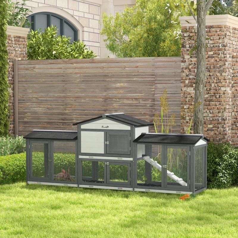 PawHut 90.5" Wooden Rabbit Hutch Bunny Cage Pet Playpen House Enclosure with Double Side Run Boxes, No Leak Tray, Ramp, for Rabbits, Chickens, Ducks, Guinea Pig and Small Animals, Light Gray