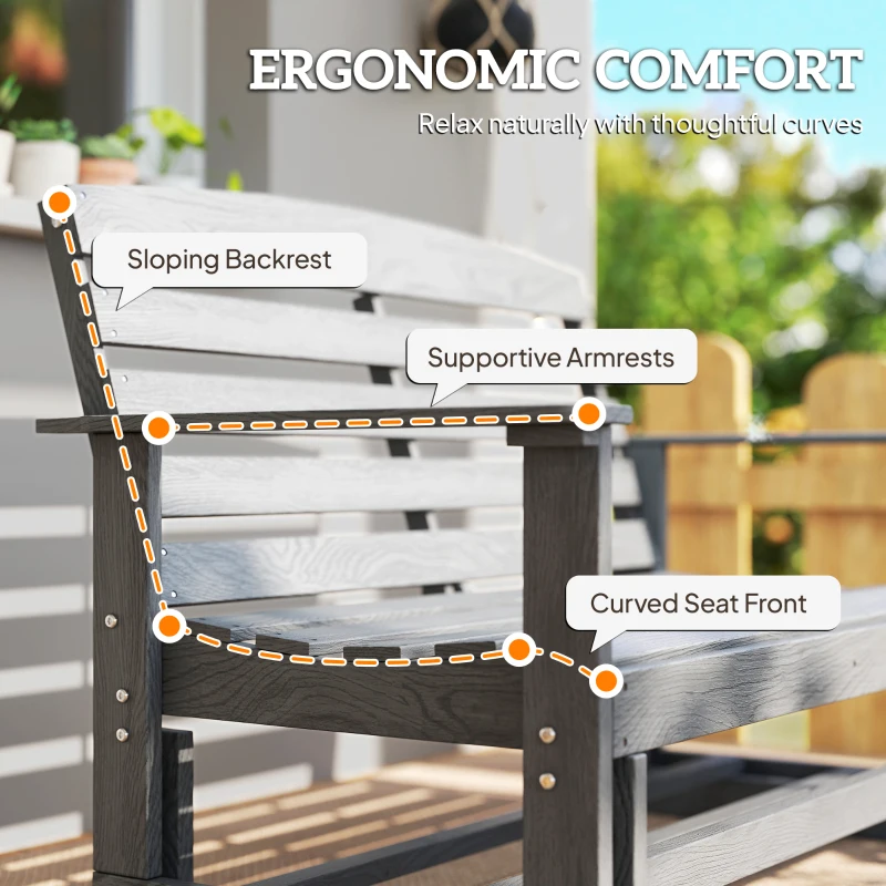 Outsunny Patio Glider Bench w/ HDPE Slatted Double Rocking Chair, Distressed Gray