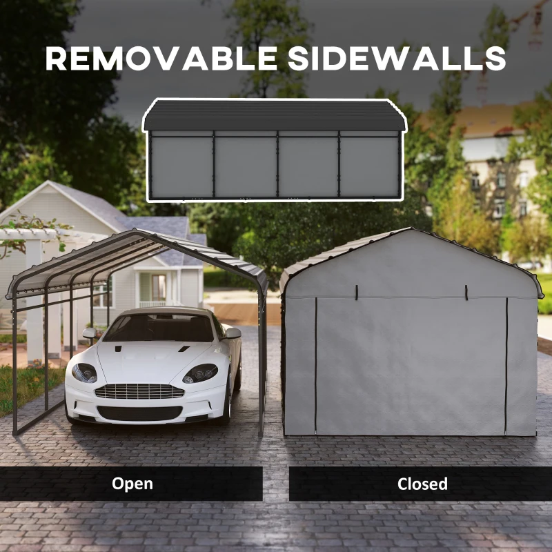 Outsunny 12' x 20' Metal Carport, Heavy Duty Garage Car Shelter with Galvanized Metal Roof and Removable Sidewalls, Light Grey