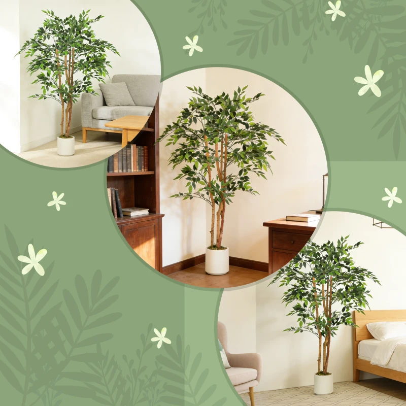 HOMCOM 5FT Artificial Banyan Tree Set of 2, Fake Potted Tree with Solid Wood Trunk and Pot for Indoor